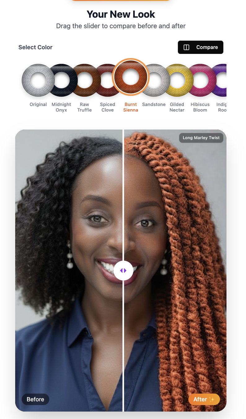 A woman shows a hairstyle transformation from natural black curls to burnt sienna twists.