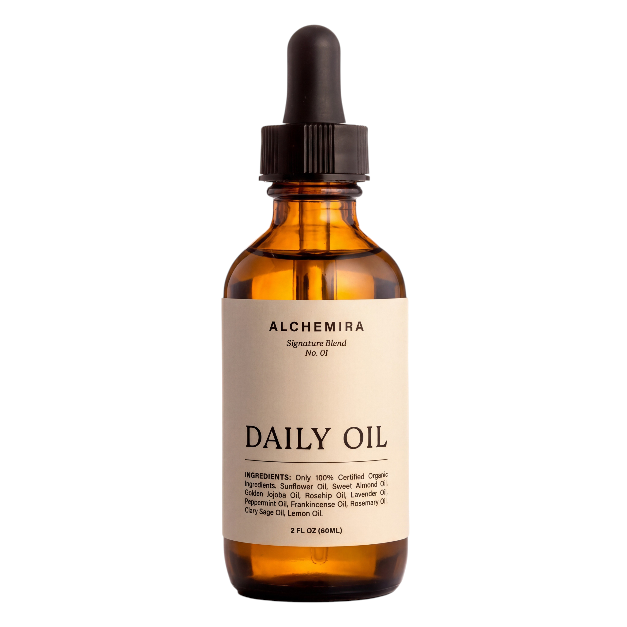 Amber glass bottle of Alchemira Daily Oil with a dropper, labeled with ingredients