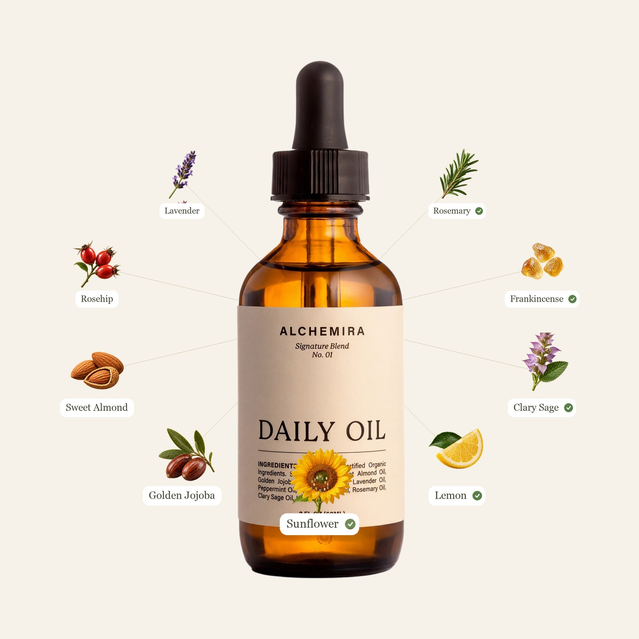 Brown glass dropper bottle labeled "Daily Oil" surrounded by botanical ingredient illustrations