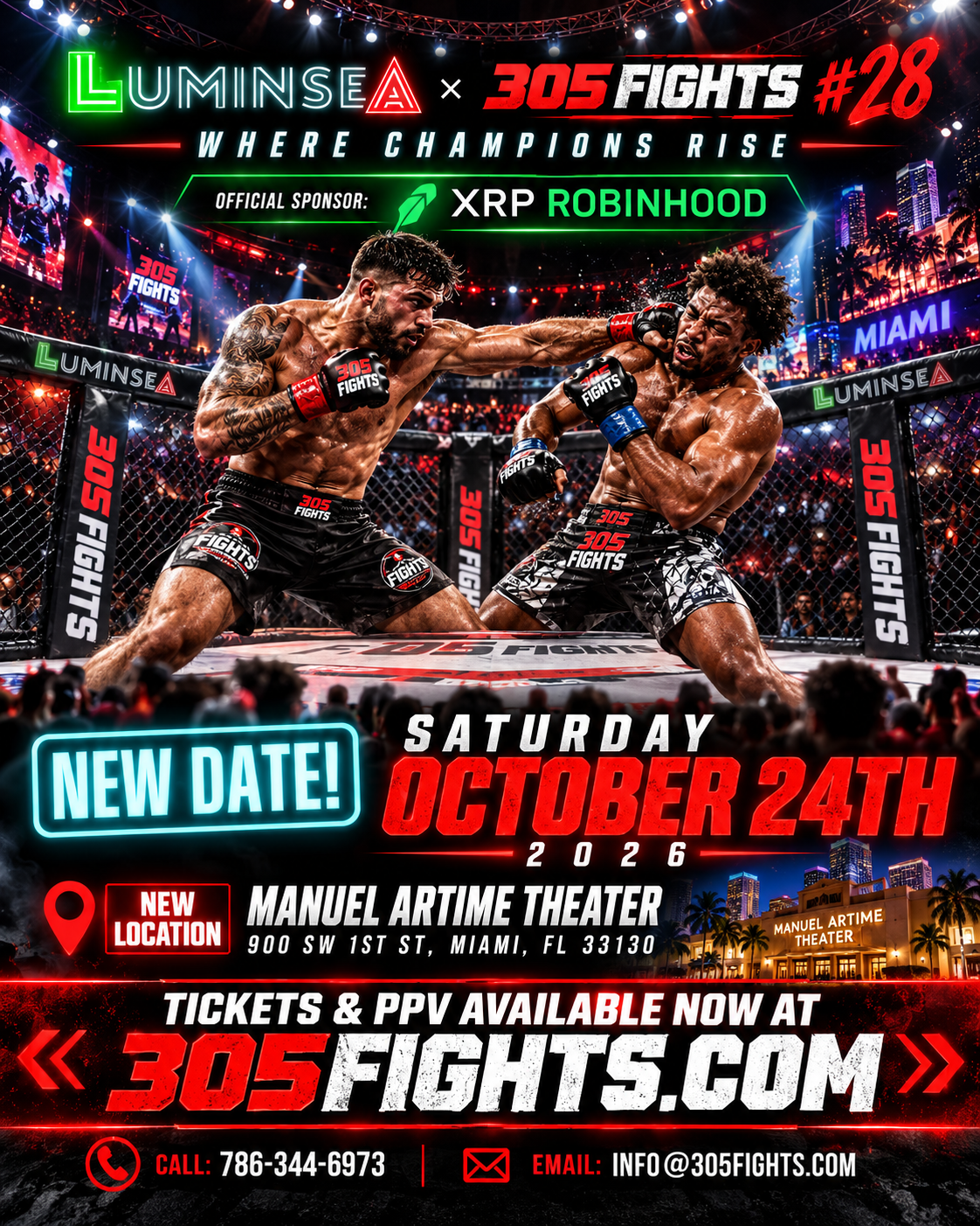 Promotional poster for Luminesea x 305 Fights event on October 24, 2026 in Miami