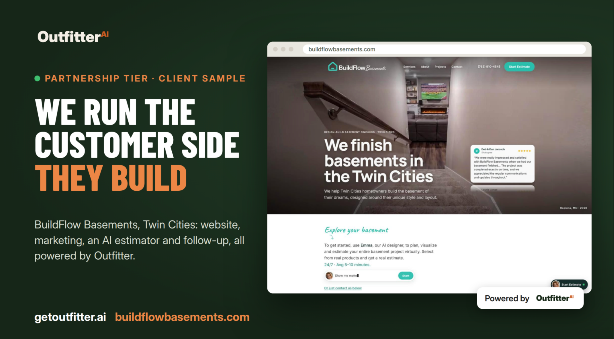 Website screenshot for BuildFlow Basements showcasing basement finishing services in the Twin Cities