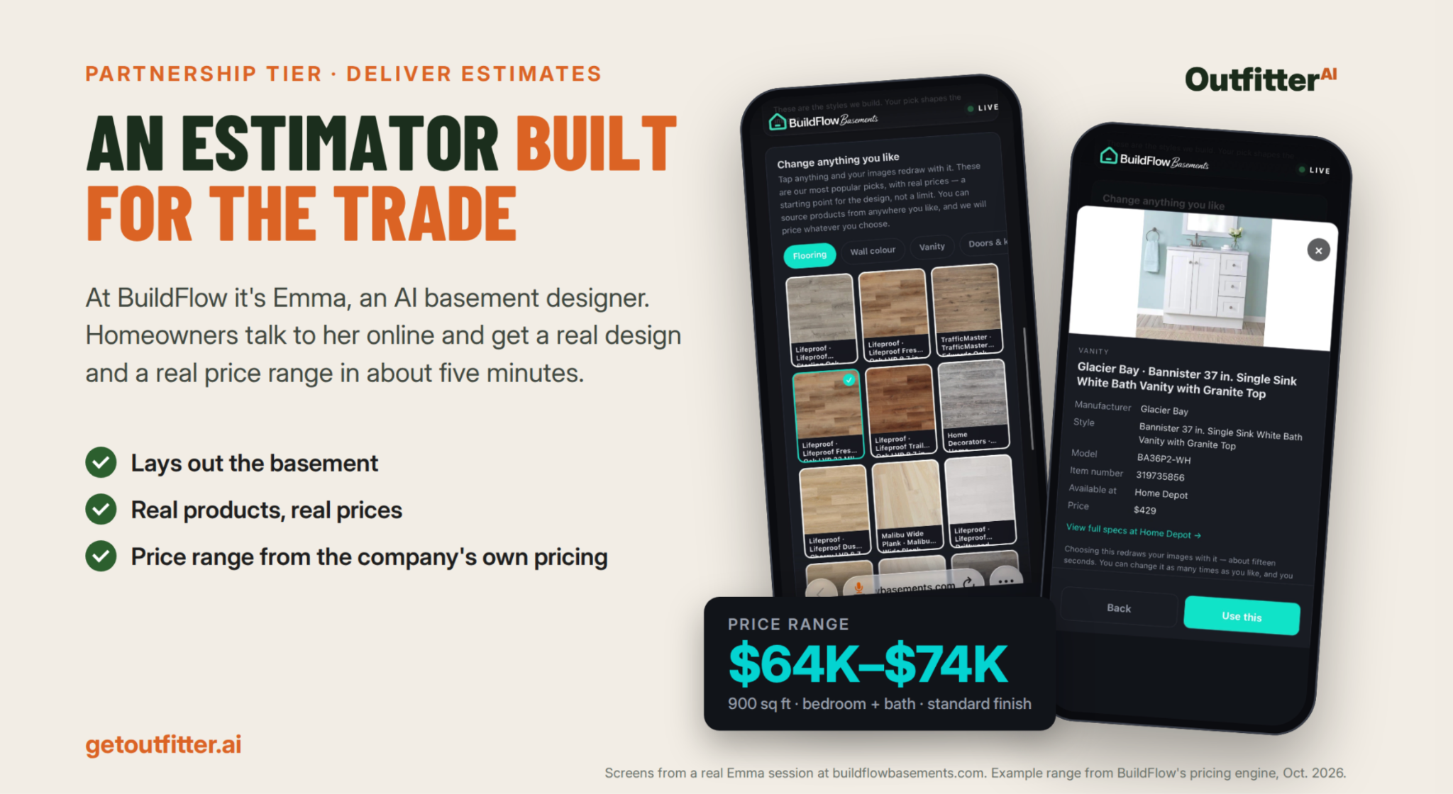 Advertisement for OutfitterAI showcasing an AI basement design estimator on mobile devices