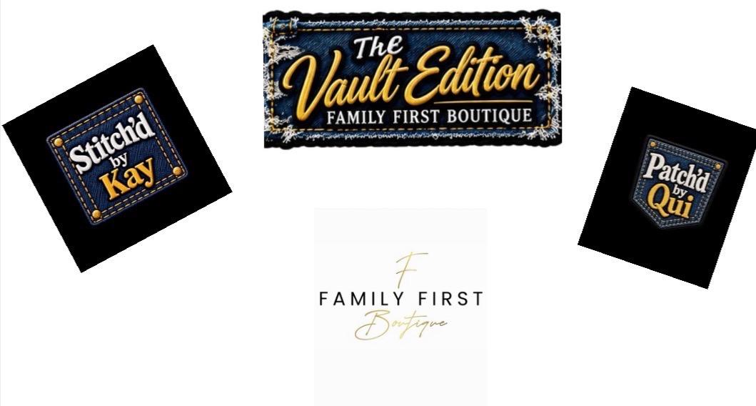 Logos of Family First Boutique and its sub-brands Stitch'd by Kay and Patch by Qui