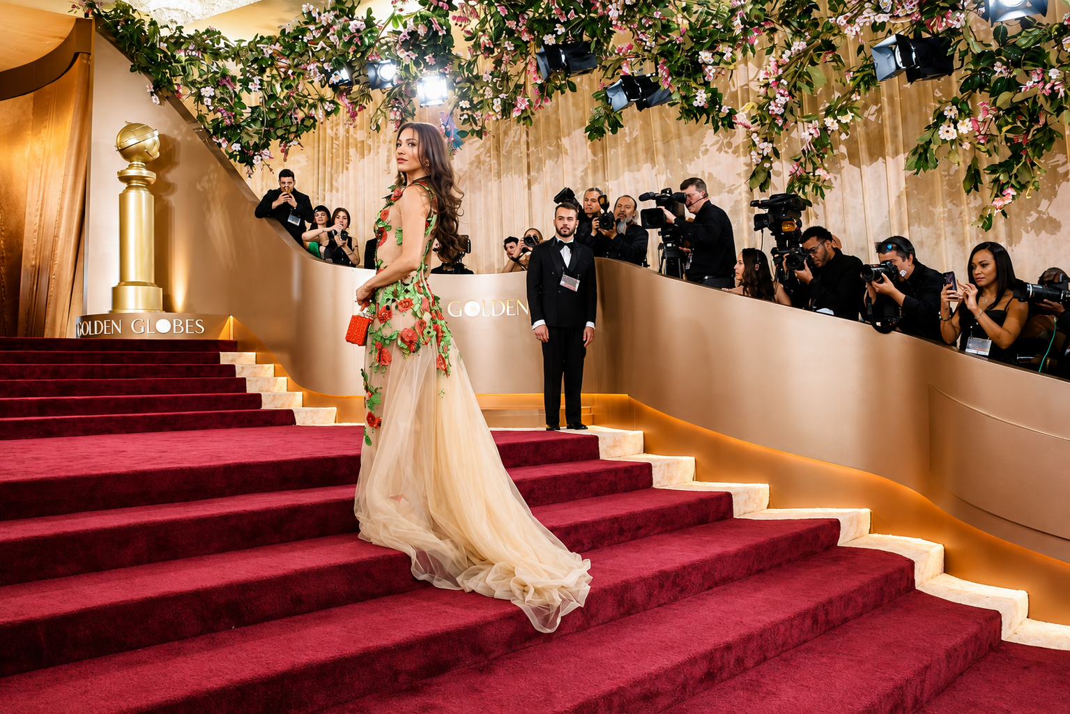 A woman in a floral gown poses on red carpet stairs at an awards ceremony