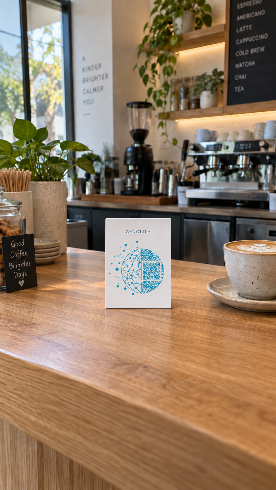Coffee shop interior featuring a wooden counter and a menu card for Genolith