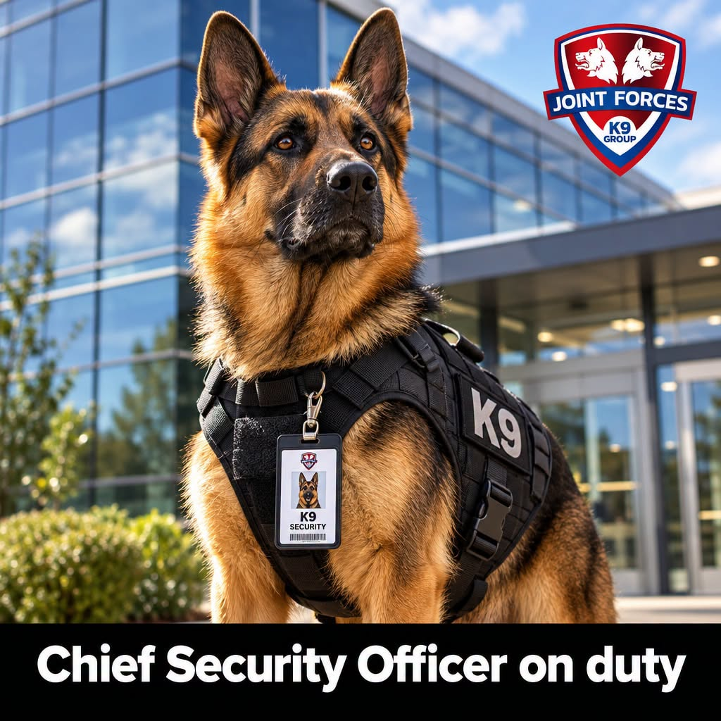 A German Shepherd wearing a K9 vest stands in front of a modern building.