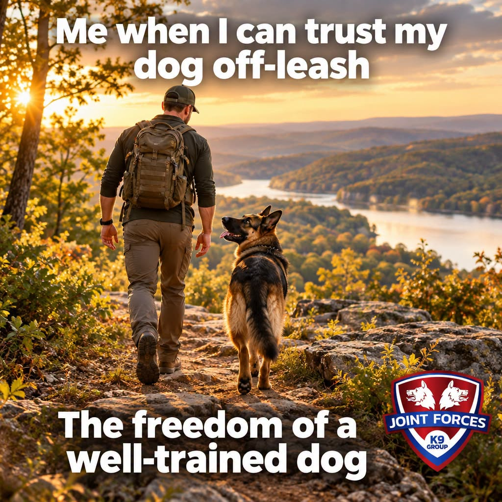 A person walks a dog off-leash along a scenic, tree-lined path by a river.
