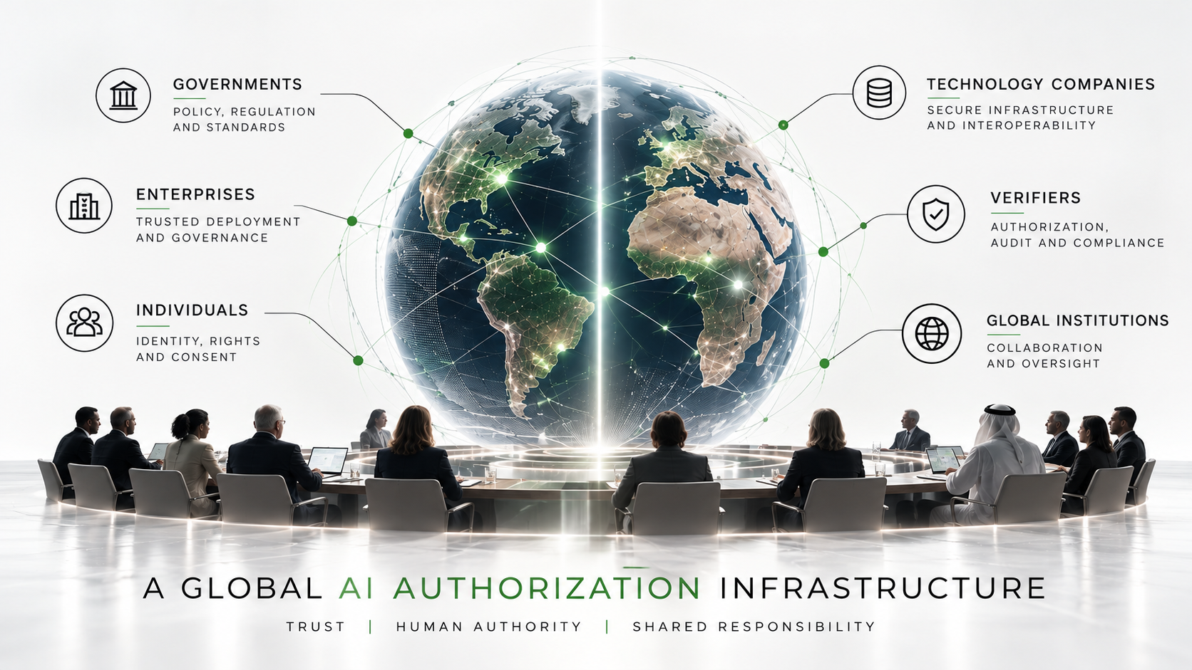 Illustration of global AI authorization infrastructure with interconnected stakeholders and a globe centerpiece