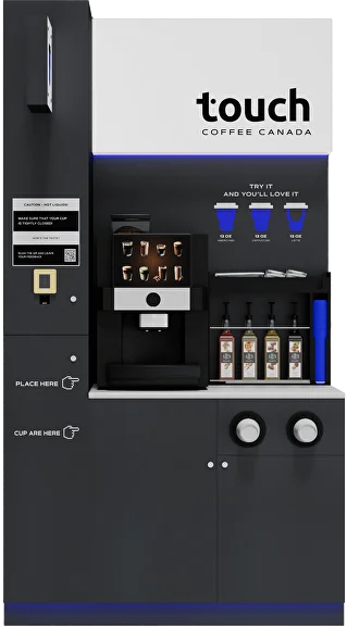 Coffee vending machine with customizable options and touch interface in dark colors