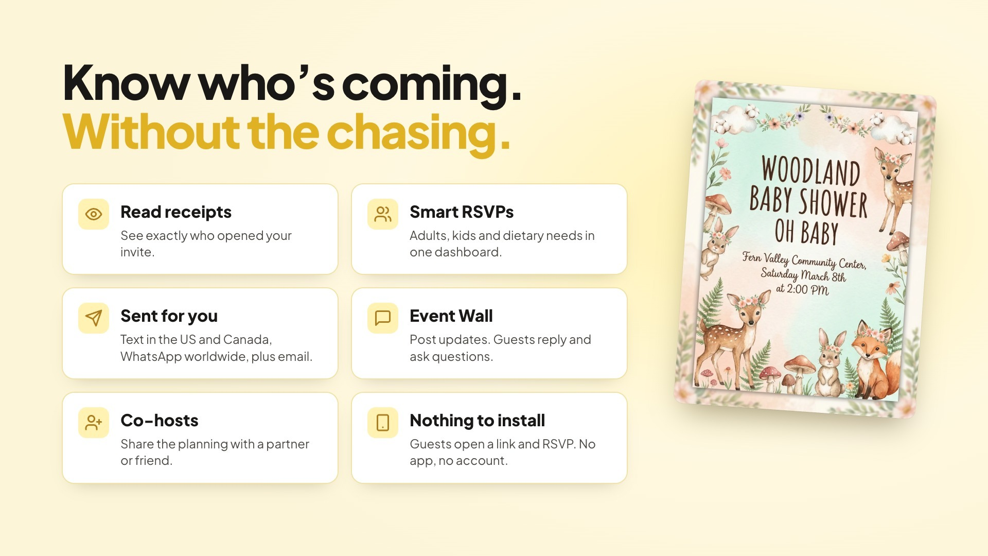 Invitation design for a woodland baby shower with RSVP details and features listed