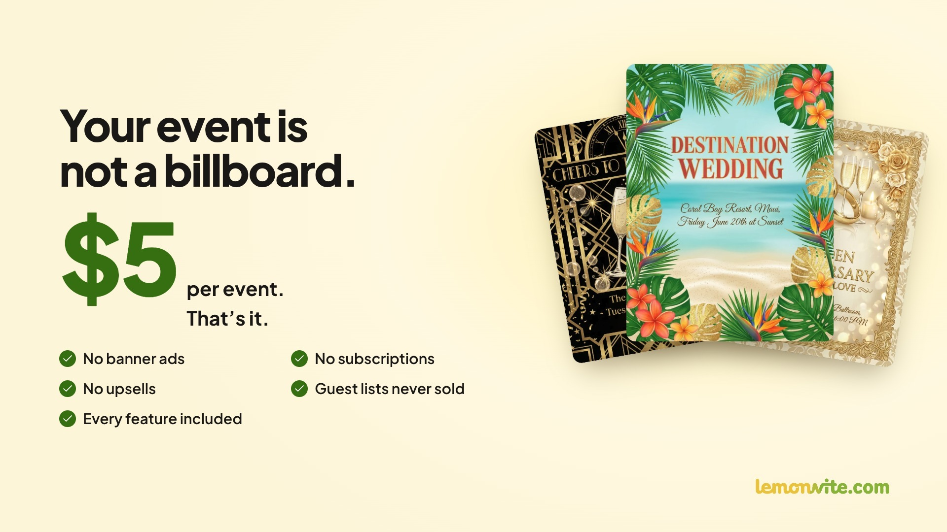 Promotional image for Lemonvite highlighting low-cost event invitations with included features