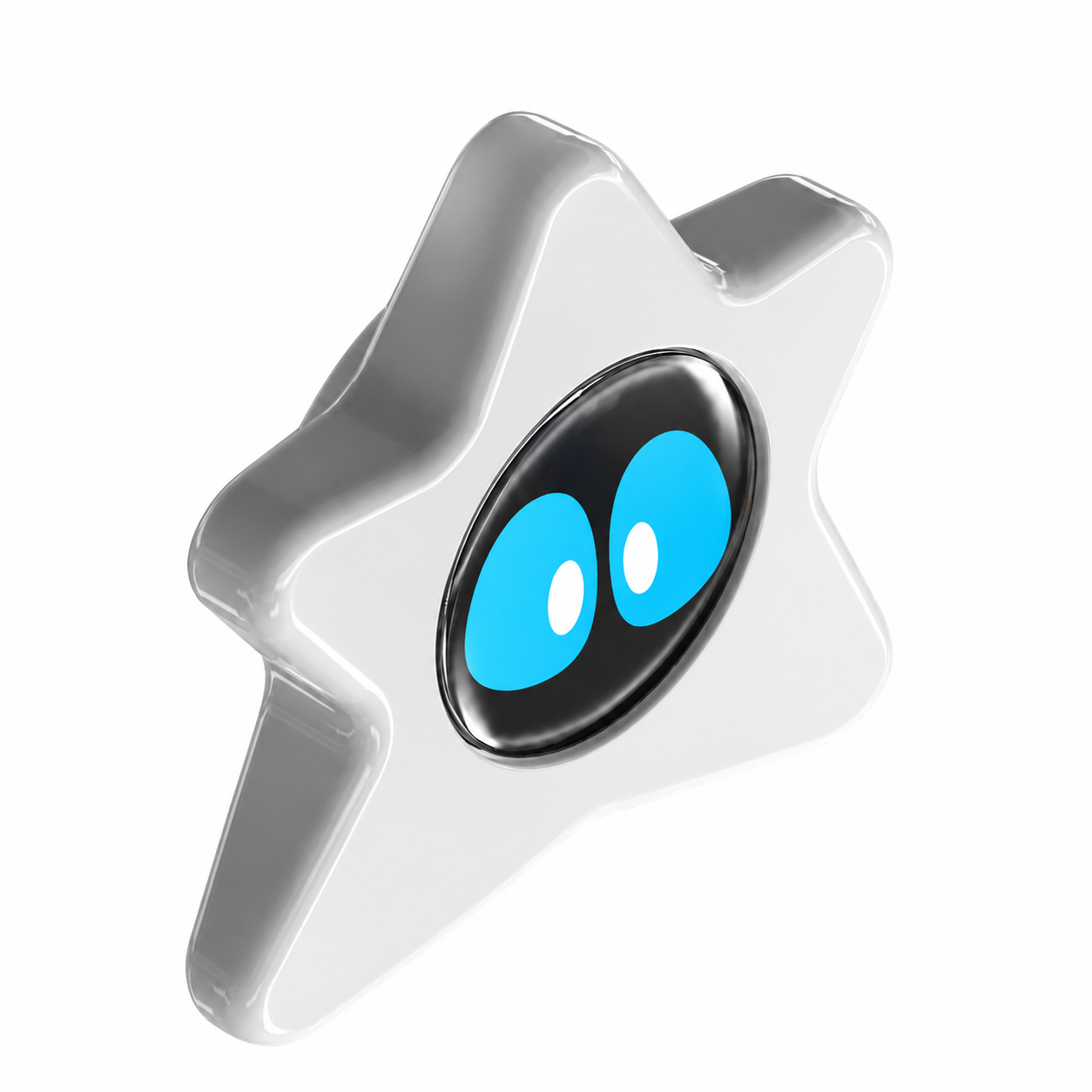 A shiny star-shaped object with a glossy black center and blue eyes