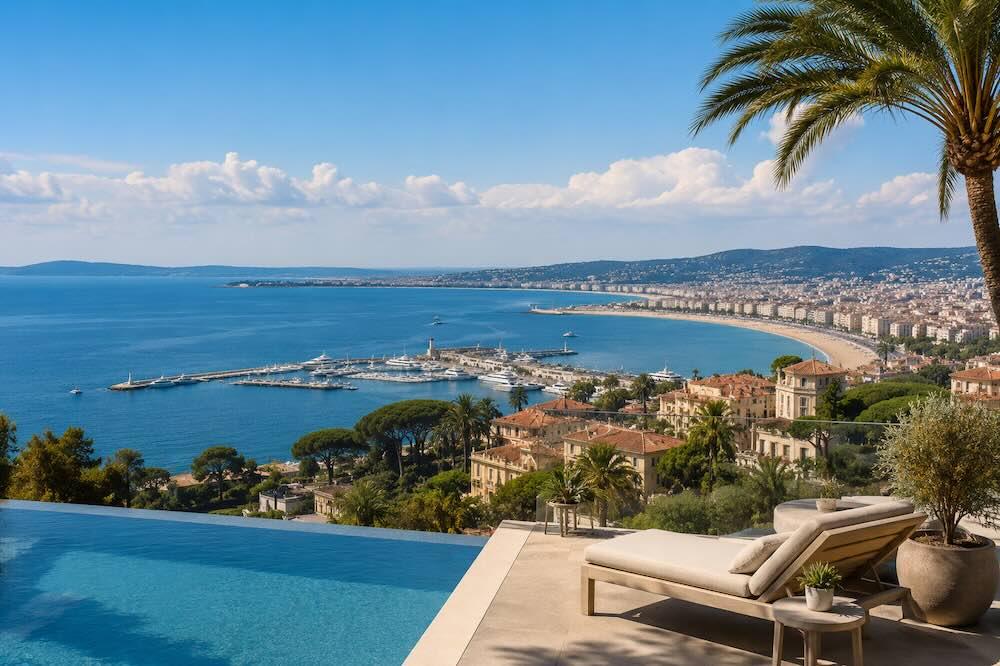 Scenic view of a coastal town, marina, and mountains under a clear blue sky