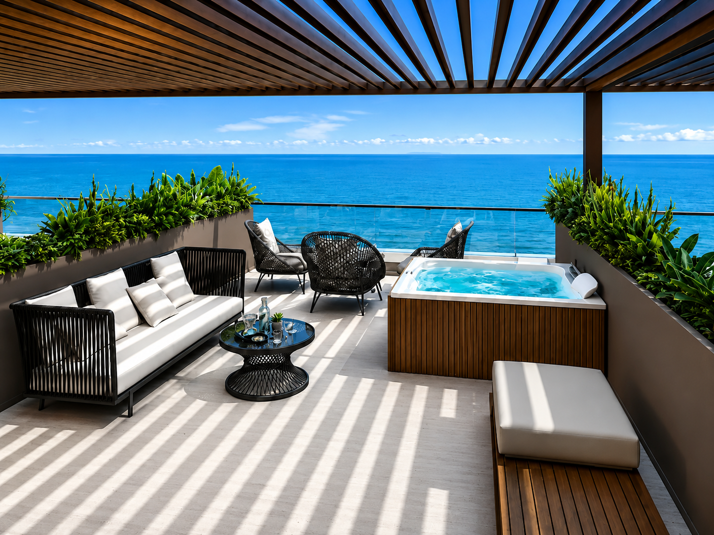 Stylish outdoor terrace with ocean view, hot tub, modern furniture, and lush greenery