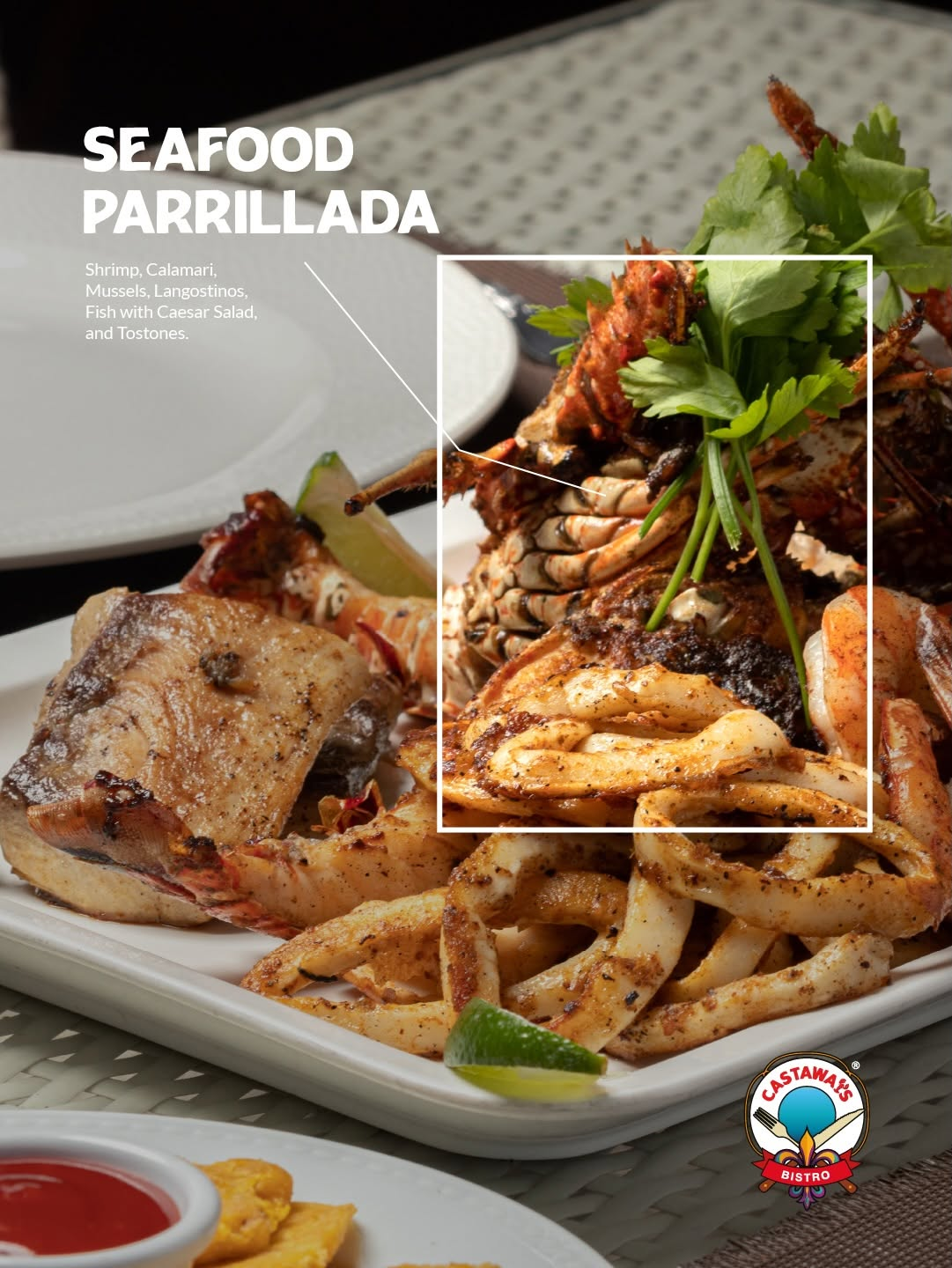 Platter of seafood including shrimp, calamari, mussels, and lobster served with salad and tostones