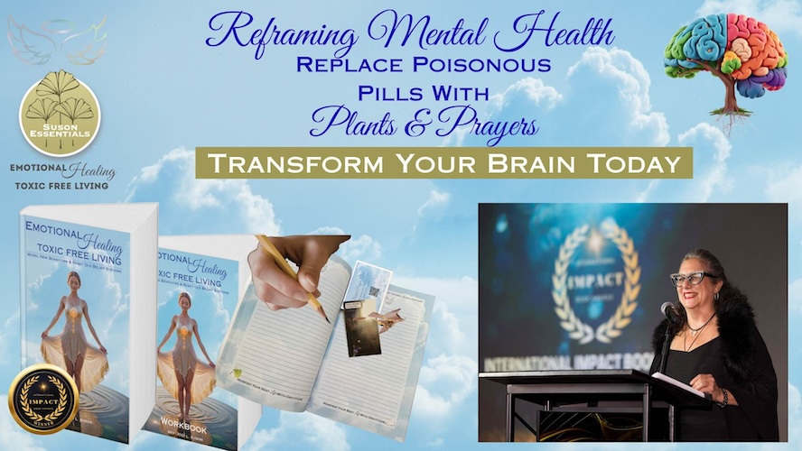 A promotional graphic about mental health, featuring a speaker, workbook, and plants.