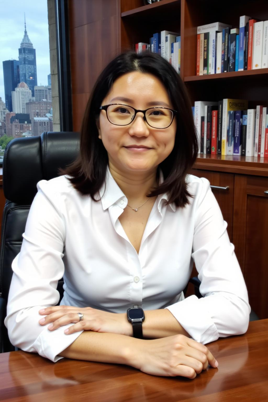 Professional woman in a white shirt seated at a desk with bookshelves behind her