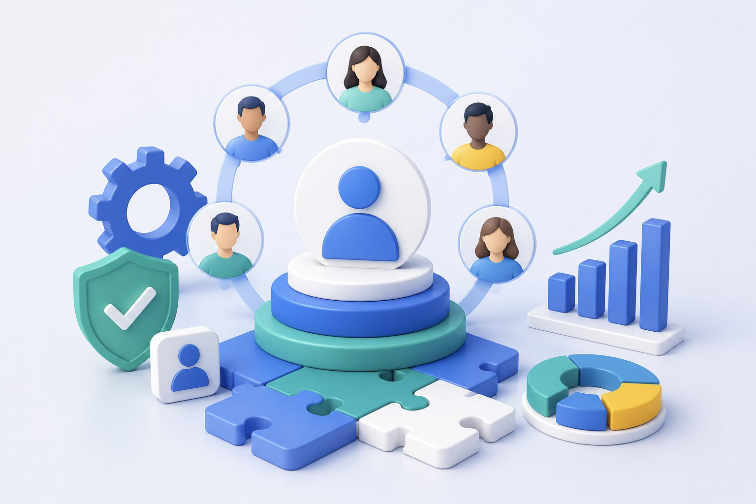 3D illustration of user profiles, graphs, and analytics symbols representing data management and growth