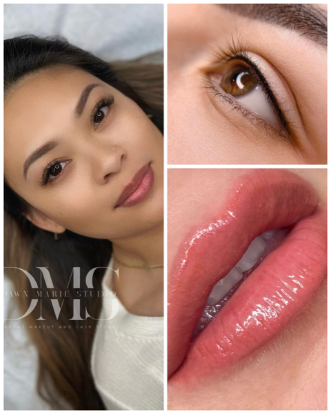 Collage showing a woman’s makeup, close-up of eyes and lips with gloss.