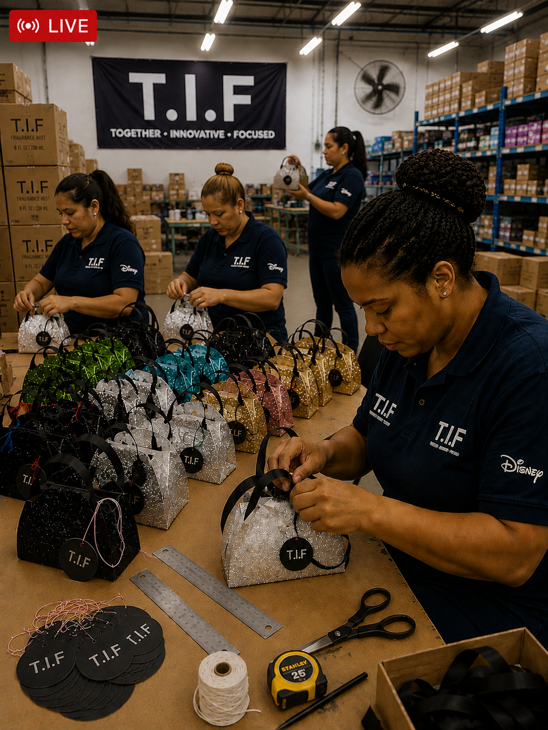 Women assembling decorative bags in a workshop with "T.I.F" banner in the background