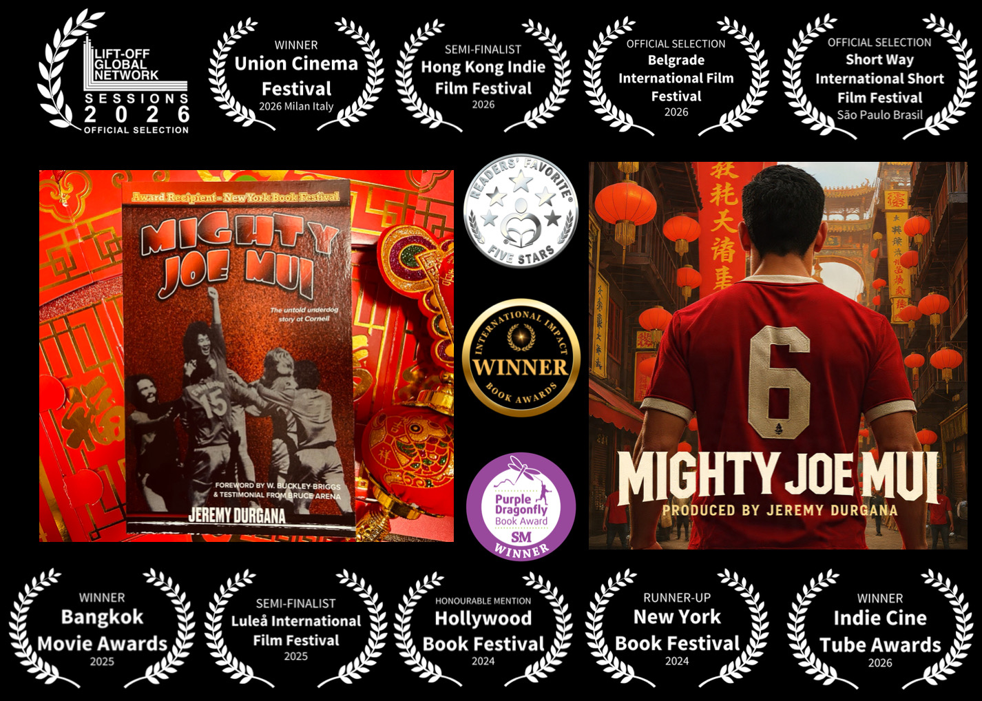Collage of awards and festival selections for the film Mighty Joe Mui by Jeremy Durgana