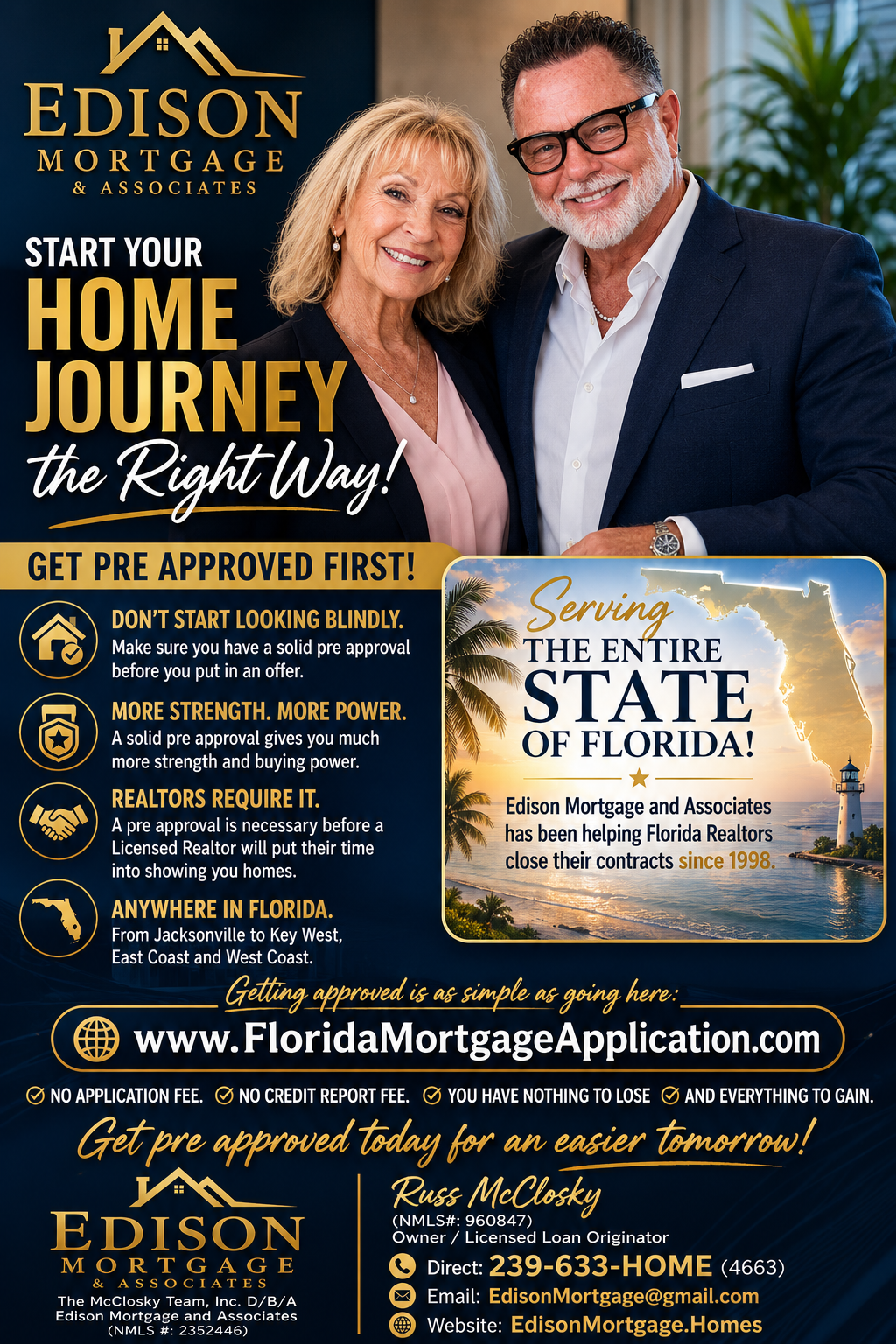 Edison Mortgage advertisement featuring a couple promoting mortgage services in Florida
