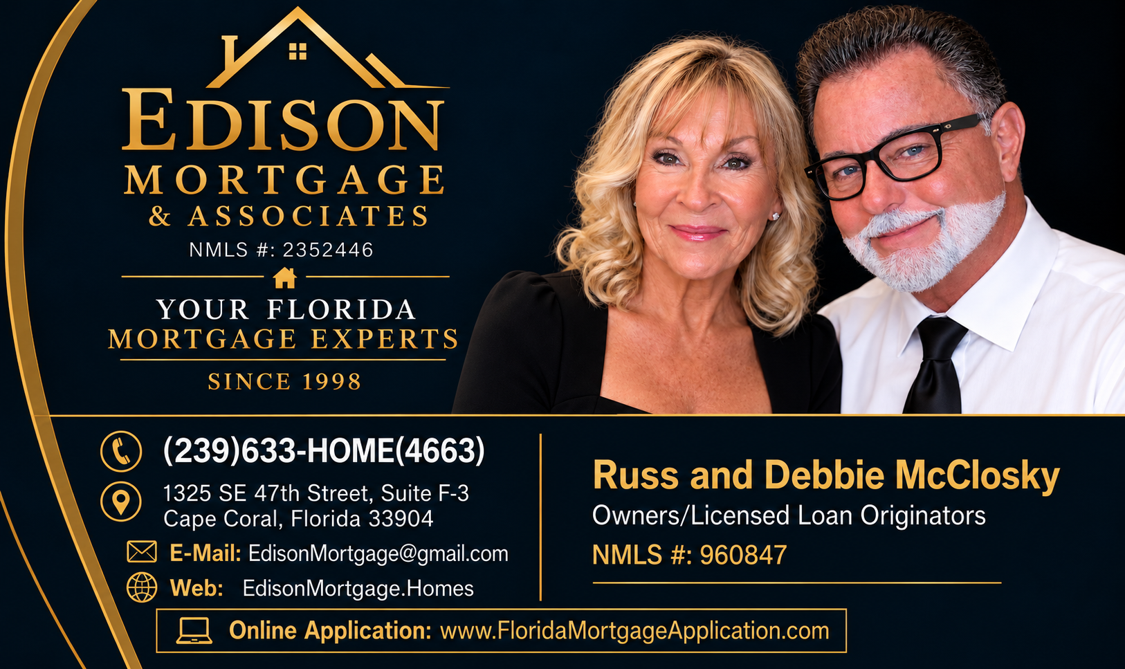 Edison Mortgage advertisement featuring Russ and Debbie McClosky with contact information and logos