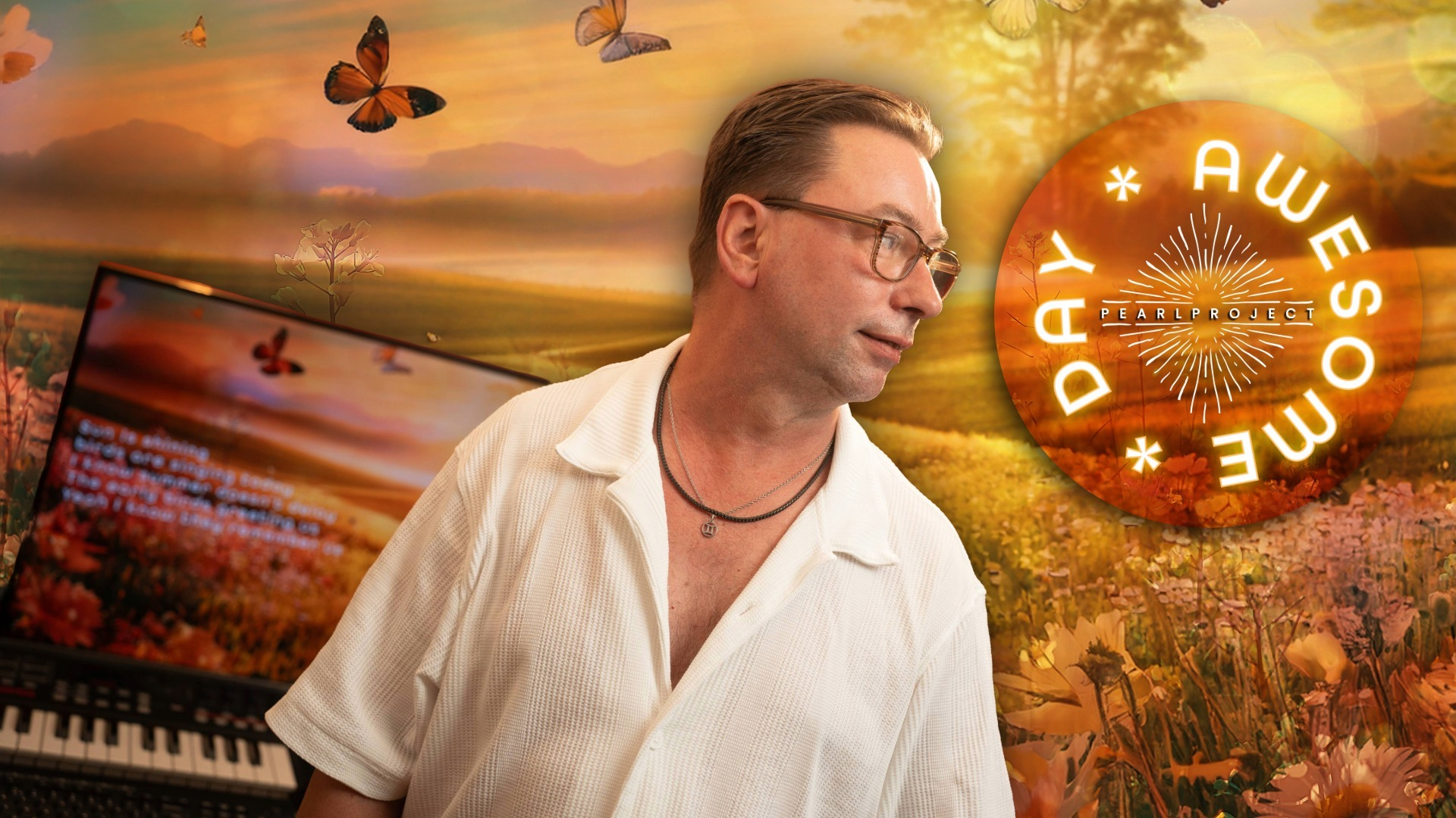 A man in a white shirt stands against a vibrant, nature-themed background.