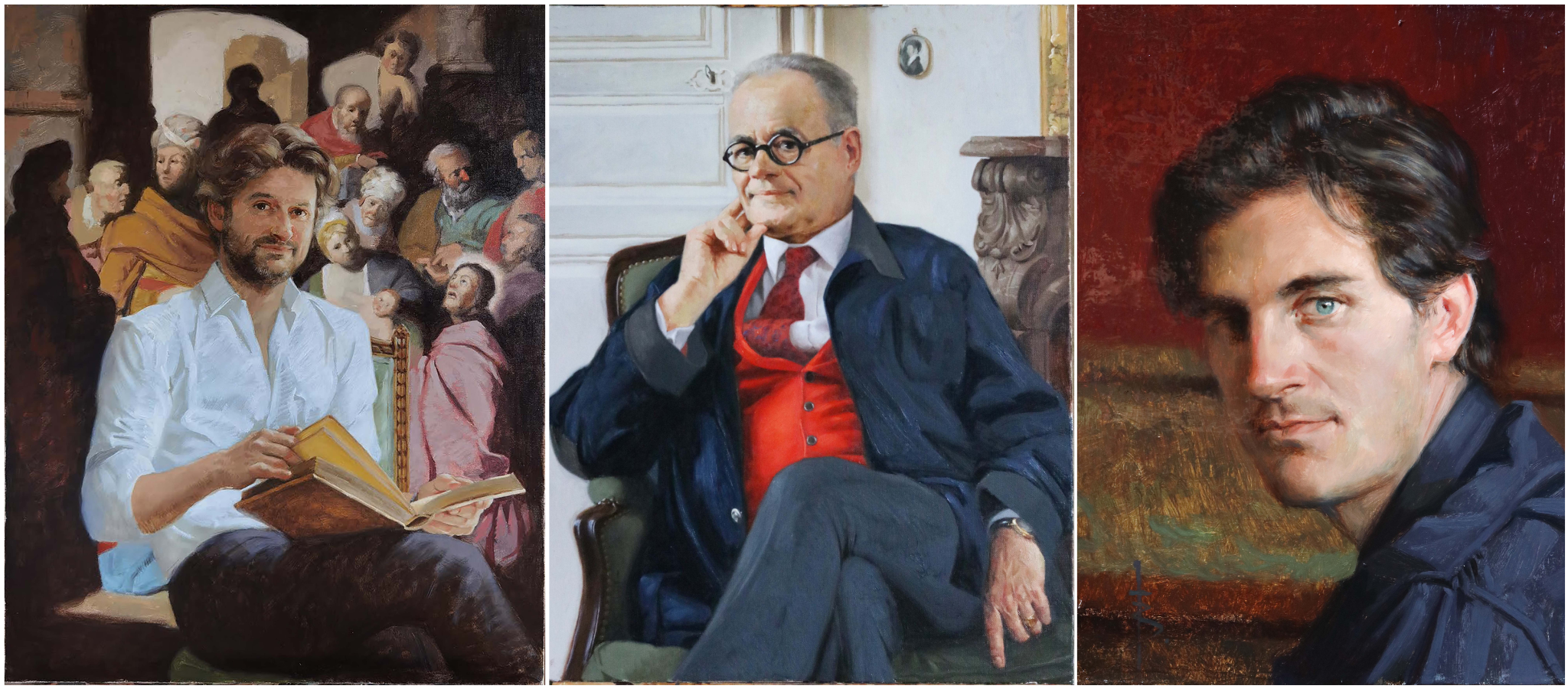 Three portraits featuring different men in artistic poses and settings