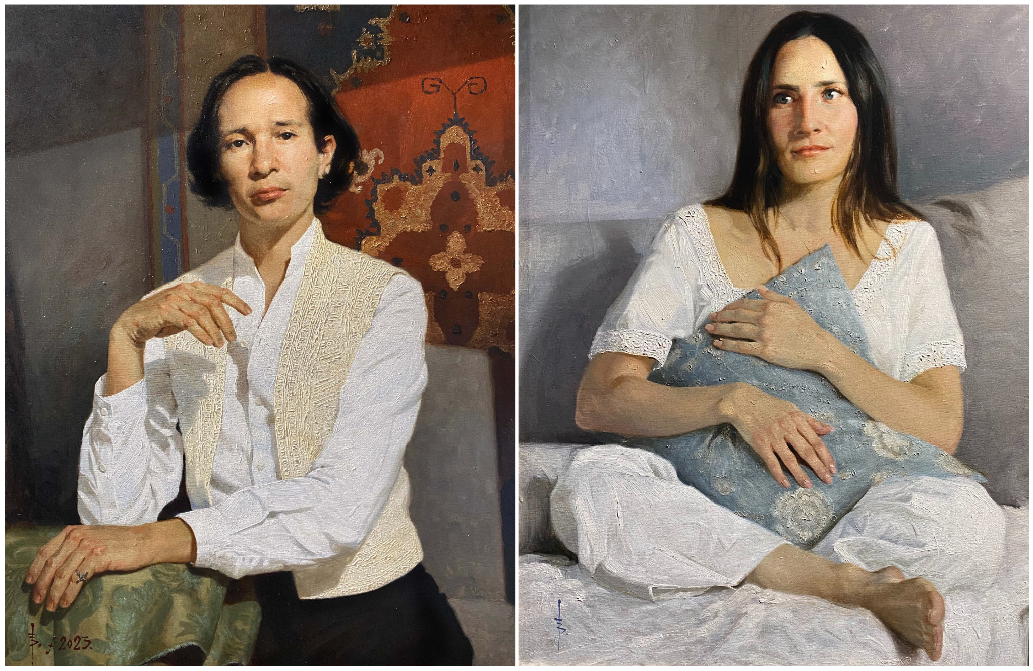 Two portrait paintings of women; one in traditional attire, the other in casual clothing.