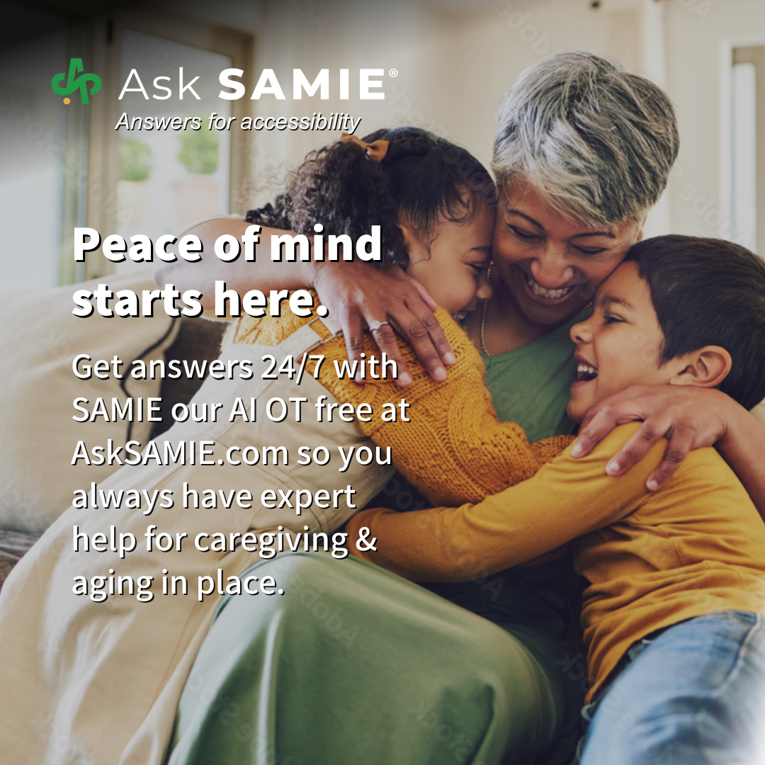 A smiling woman sits with two children, promoting caregiving and aging support services.