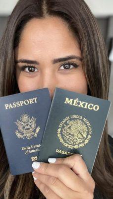 Person holding a U.S. passport and a Mexican passport close to their face