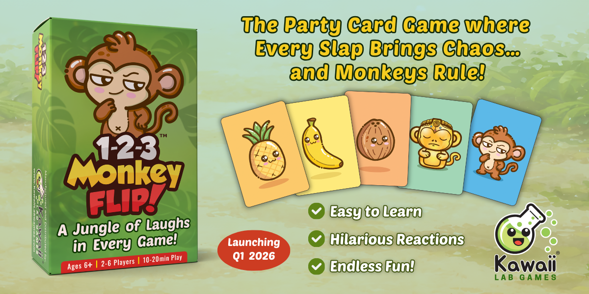 Colorful game box and cards featuring a cartoon monkey and tropical fruits with playful design