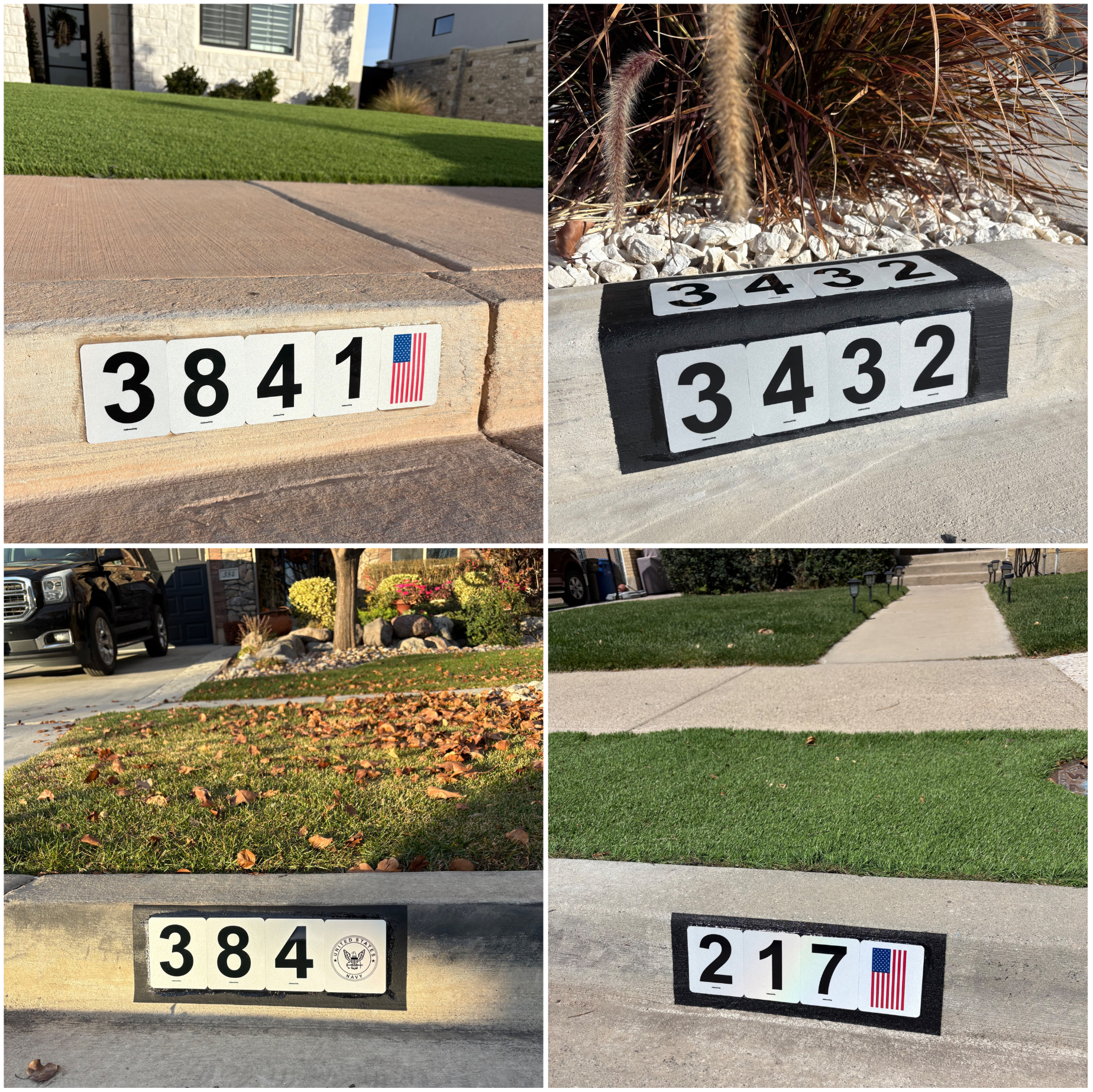 Collage of four images showing different house numbers on curbs with diverse designs