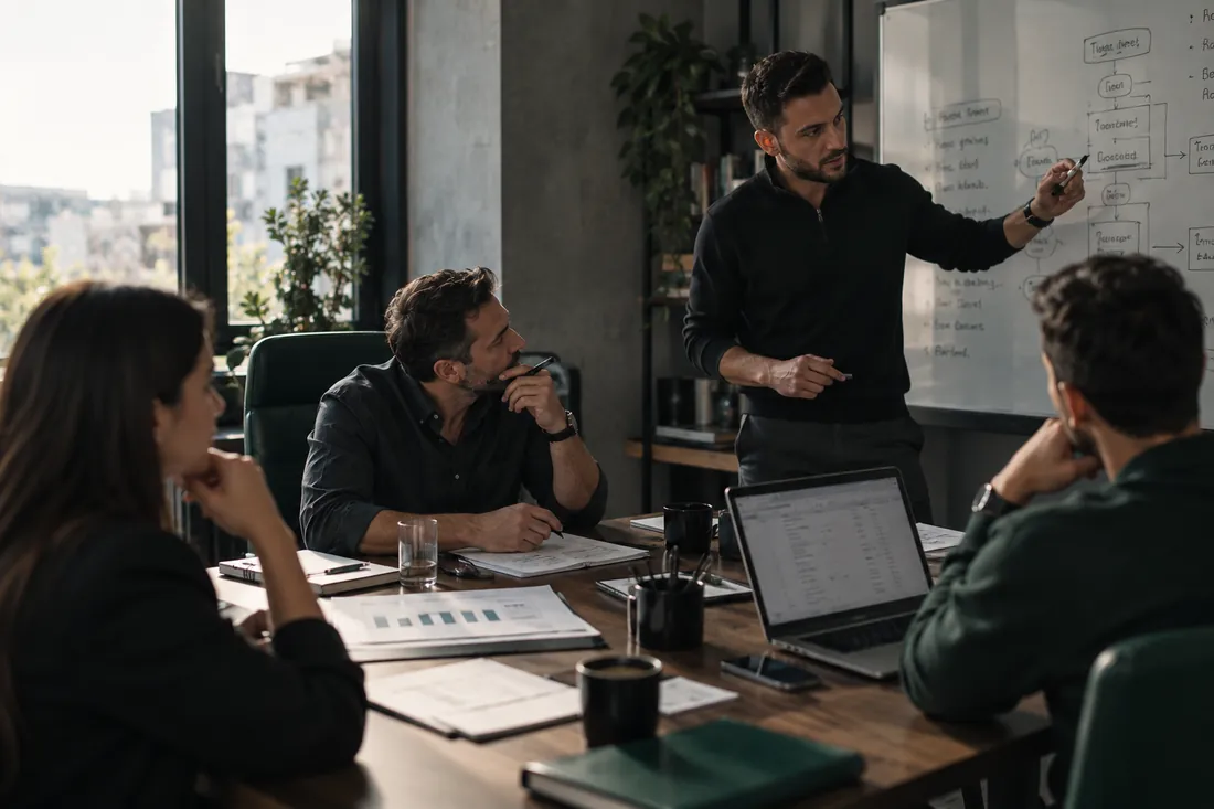 A small business meeting with four people discussing a presentation on a whiteboard