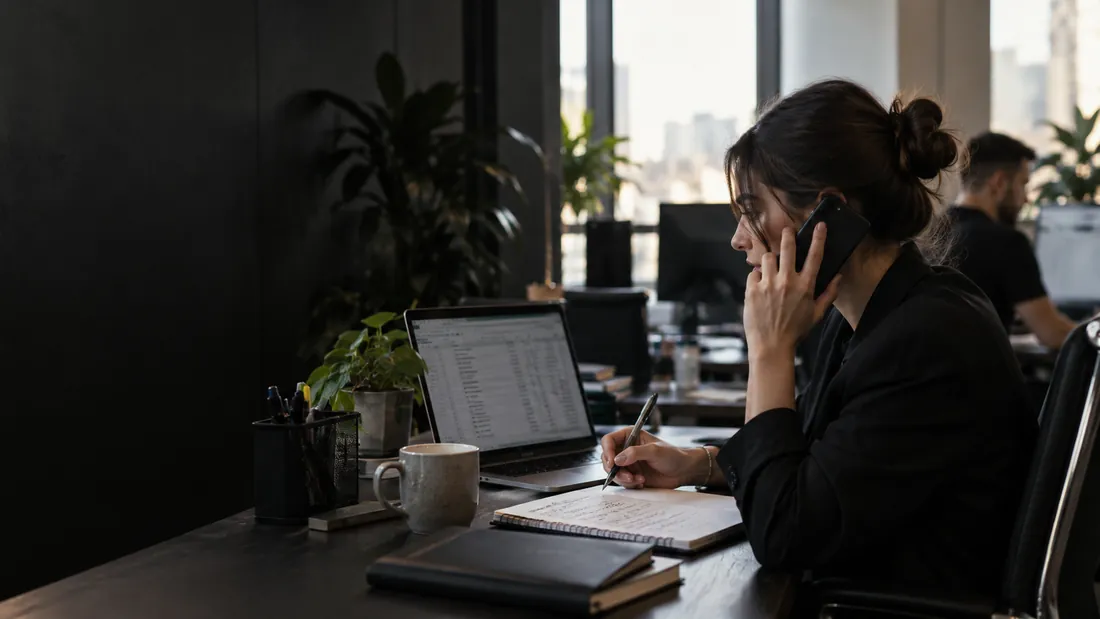 Woman on phone at desk, laptop open, taking notes, with plants nearby