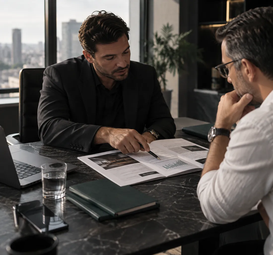 Two business professionals discussing a report at a modern office table with laptops and notebooks