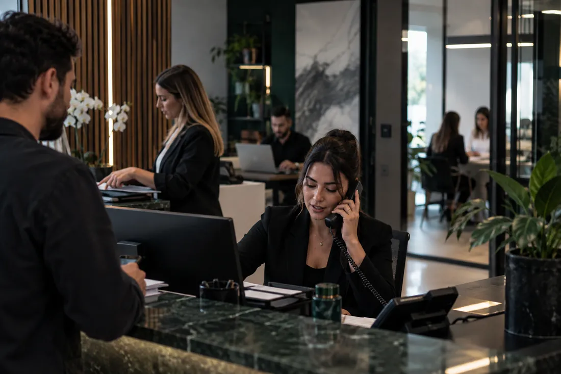 Modern office reception area with staff handling tasks and assisting visitors