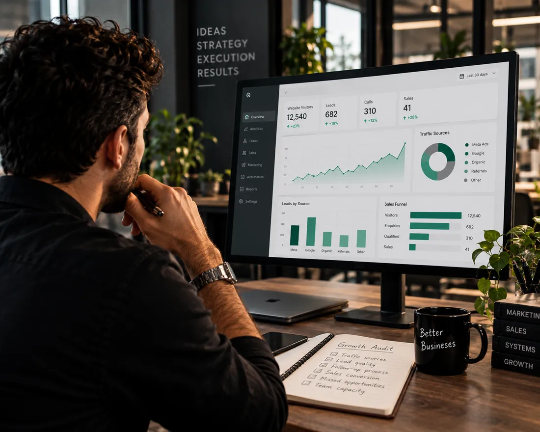 Person analyzing data on a large screen in a modern office setting