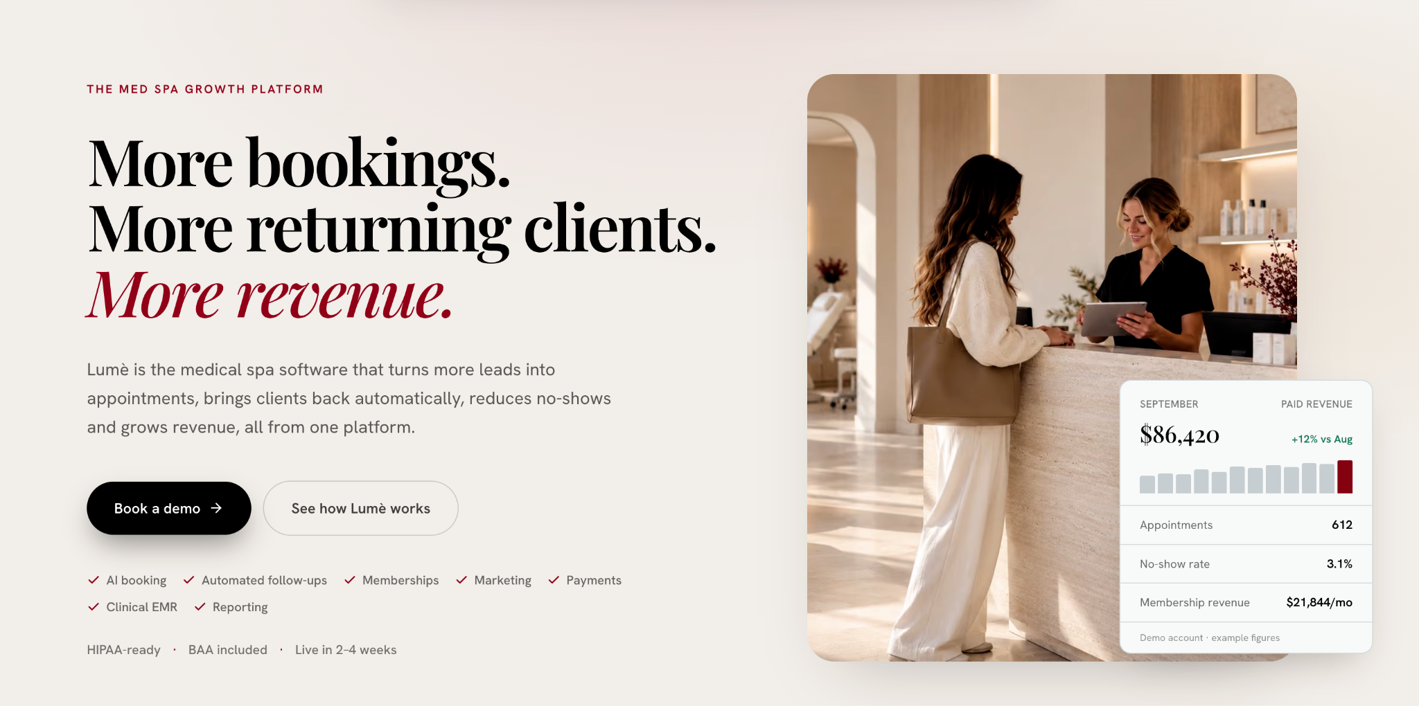 Website screenshot showcasing a med spa software with booking and revenue features