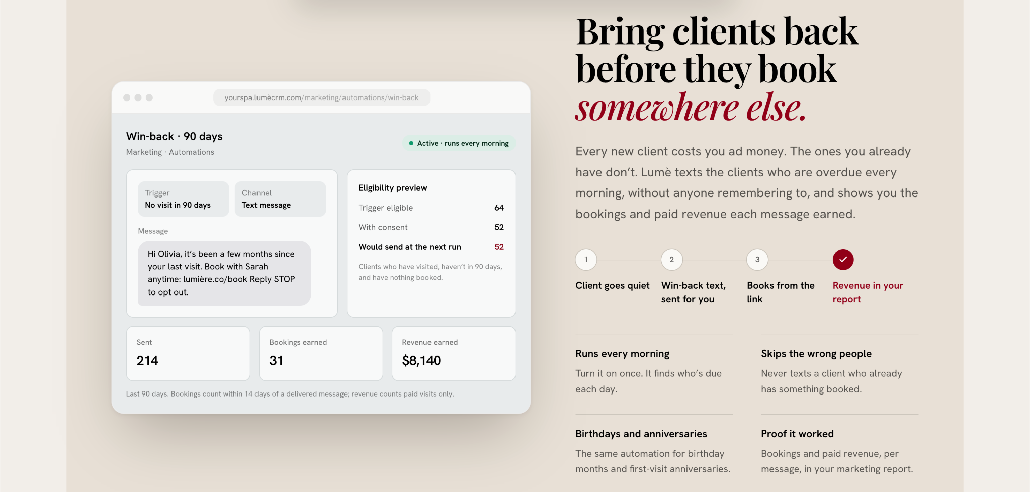 Marketing software interface displaying client win-back automation and revenue statistics