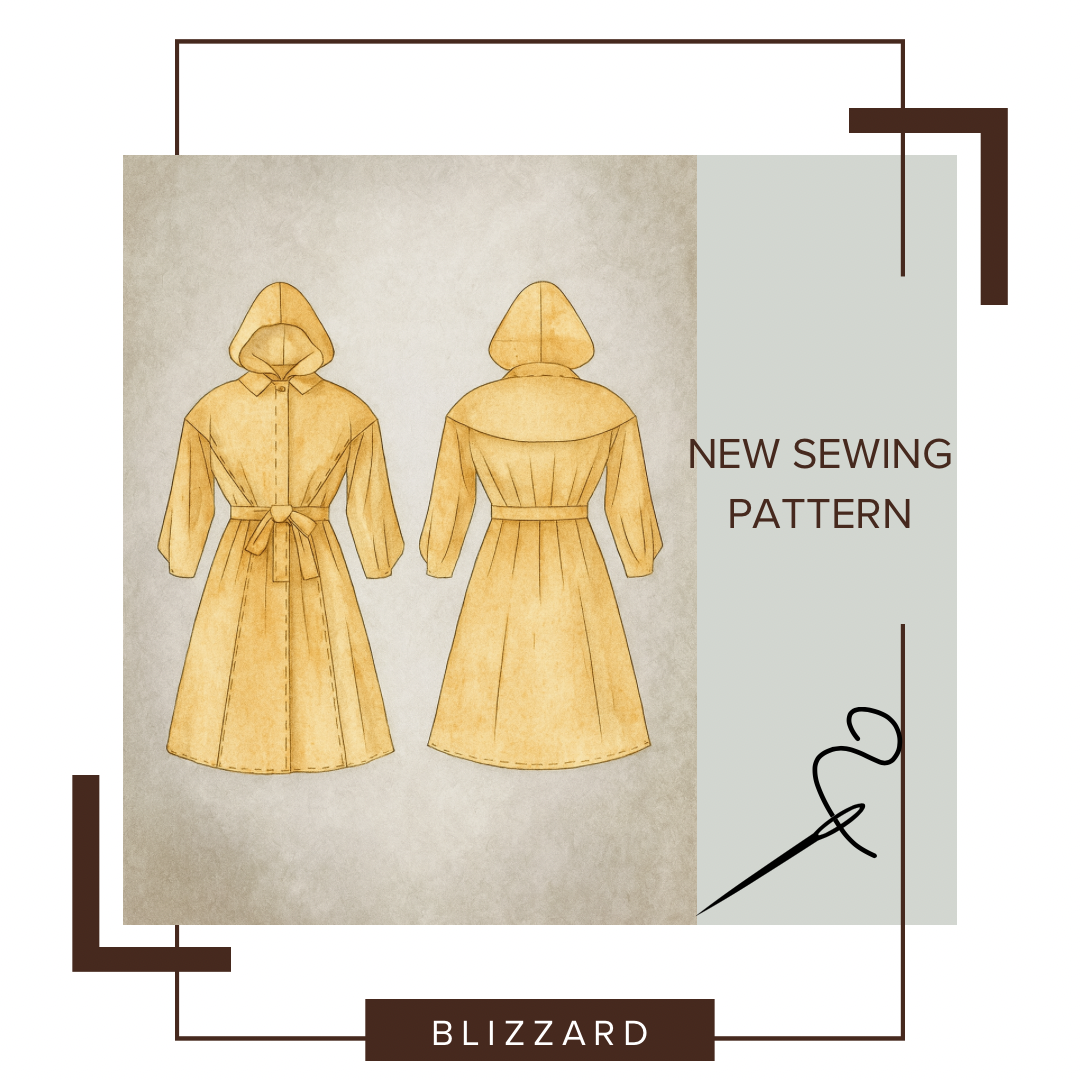 Illustration of a new sewing pattern for a hooded dress with a tie belt