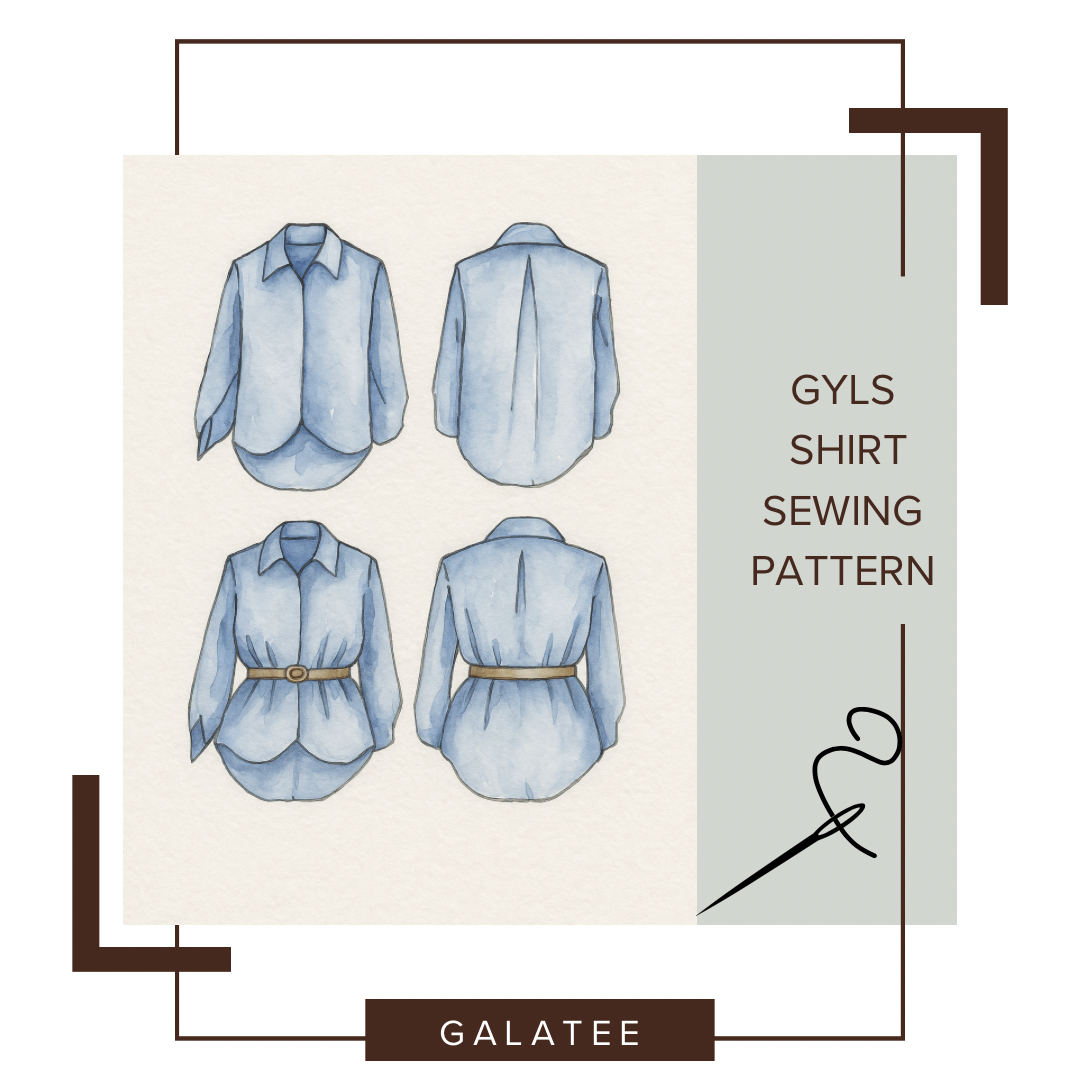 Illustration of a sewing pattern for a shirt design showing multiple views