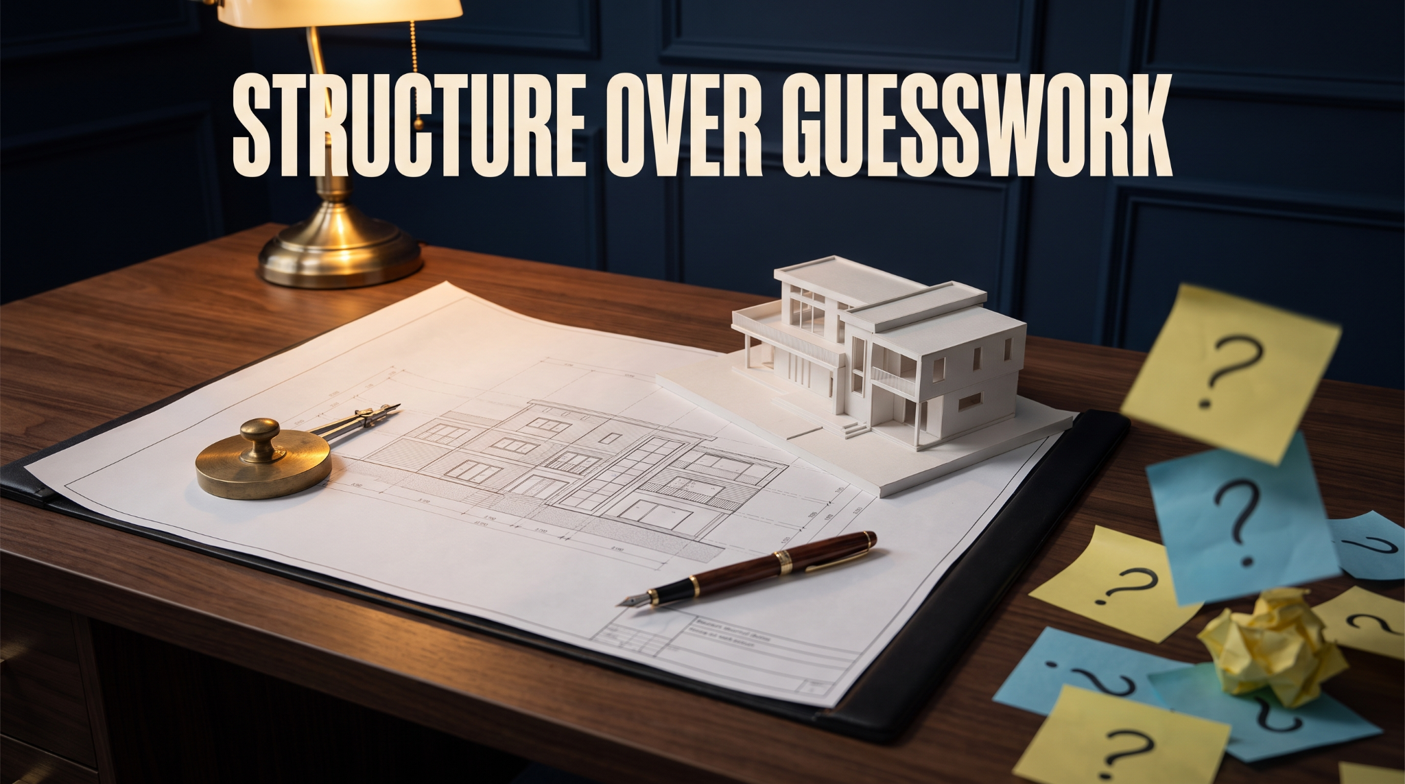 Blueprints, a scale model of a house, and notes with question marks on a desk