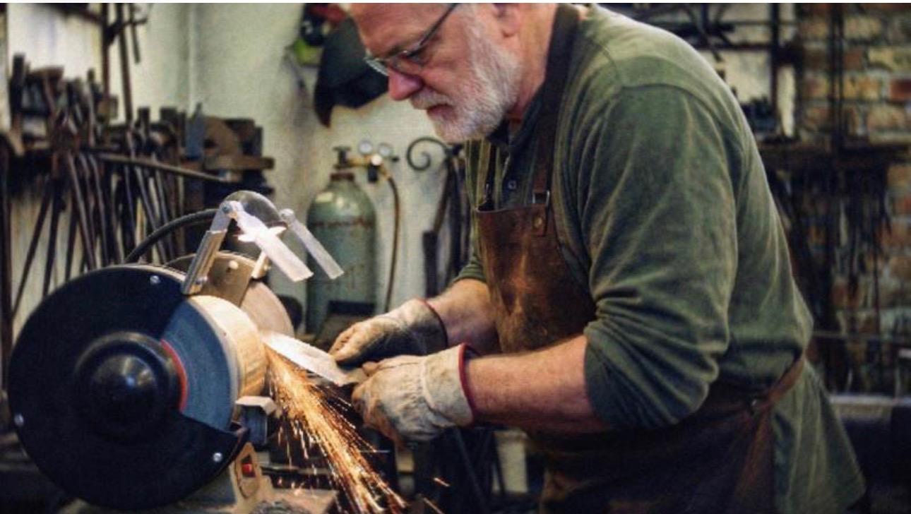 A craftsman sharpens a blade, sparks flying, in a workshop filled with tools.