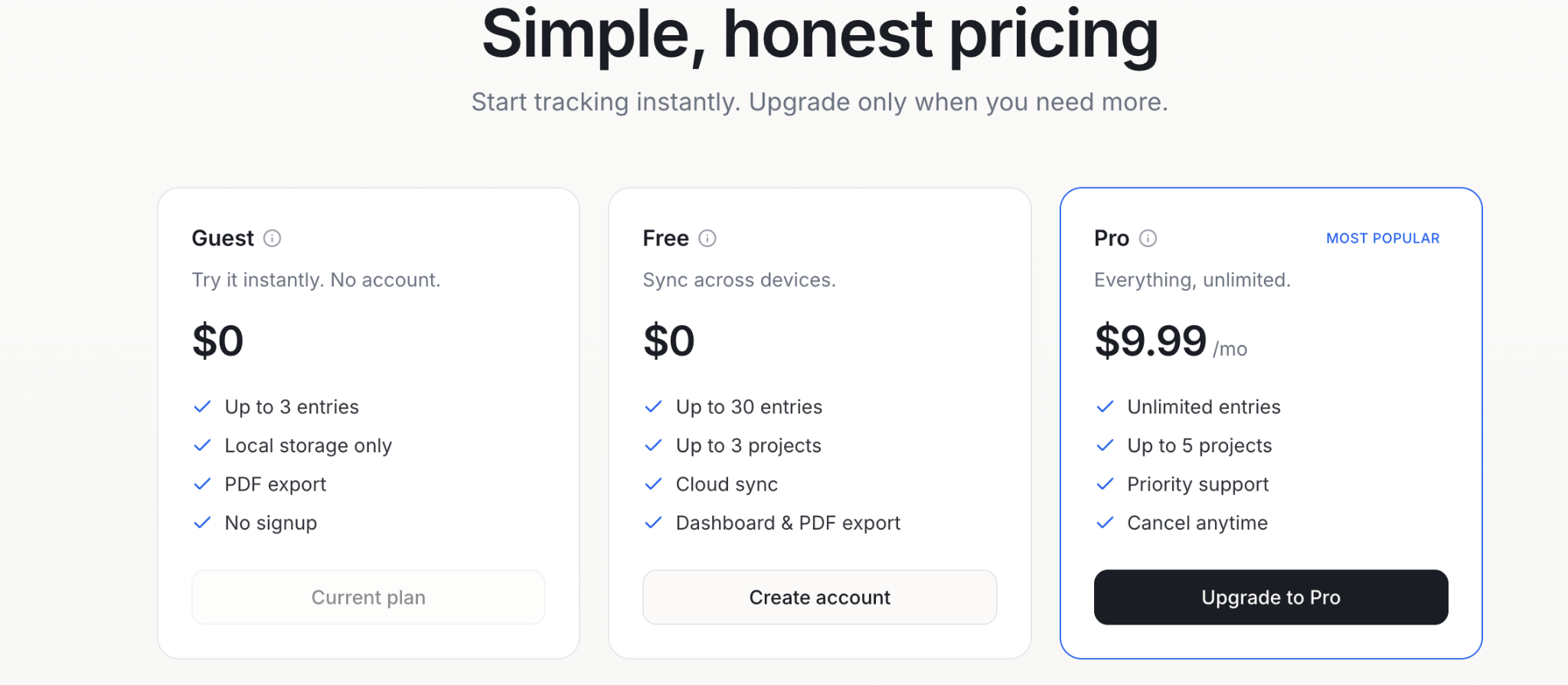 Pricing plans for a tracking service: Guest, Free, and Pro options displayed.