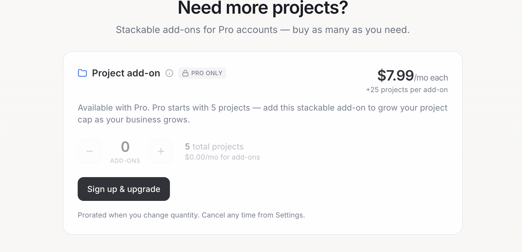 Pricing plan for project add-ons on a Pro account with monthly cost details