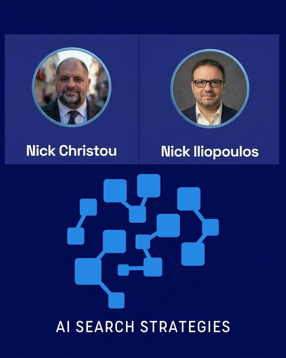 Two men’s portraits with names below, overlaid on a blue background with network graphics