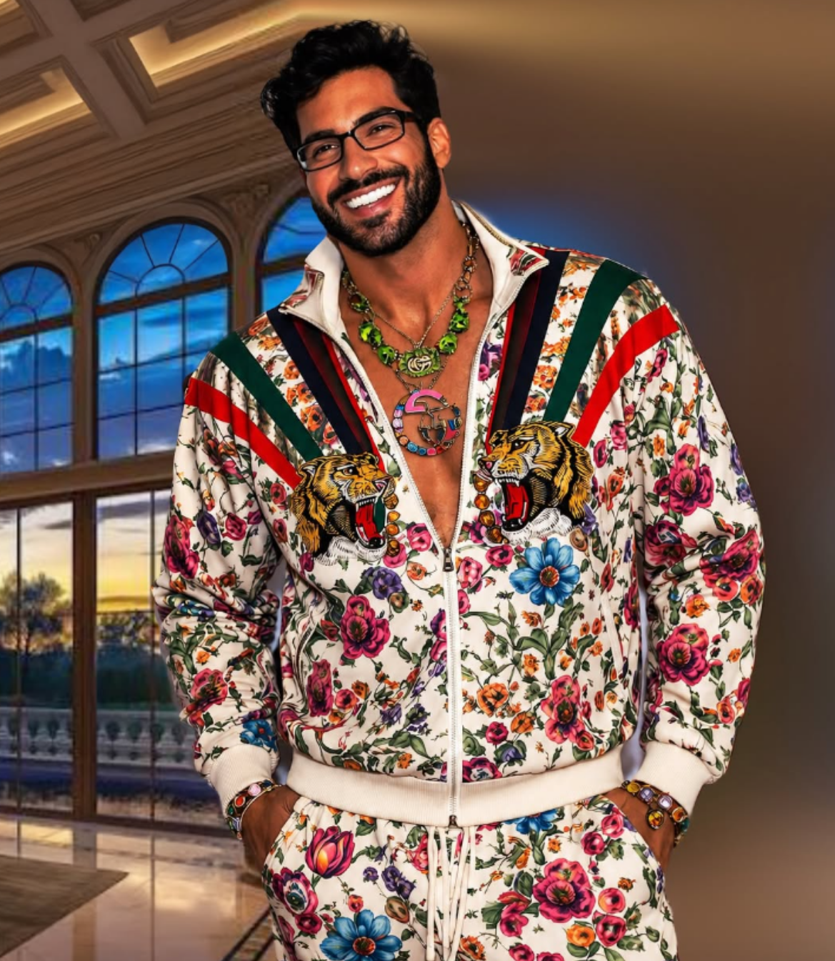 Man in a floral tracksuit with tiger motifs and glasses smiles in an elegant setting