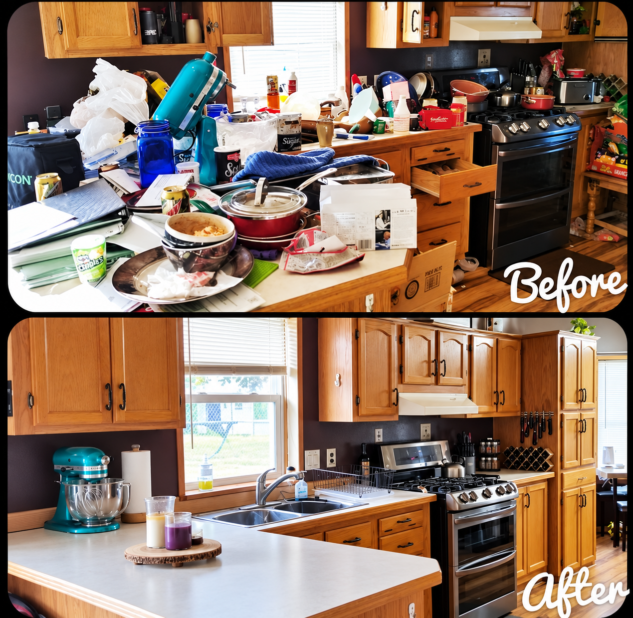 Before and after images of a kitchen, showing cluttered and organized spaces.